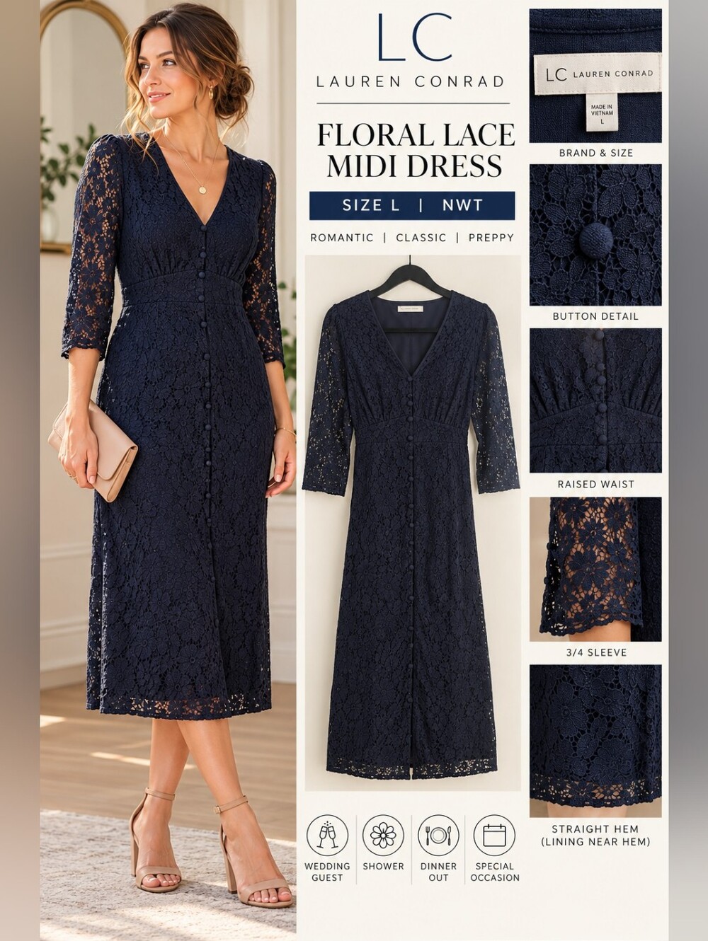 NWT LC Lauren Conrad Navy Floral Lace Button Front Midi Dress L